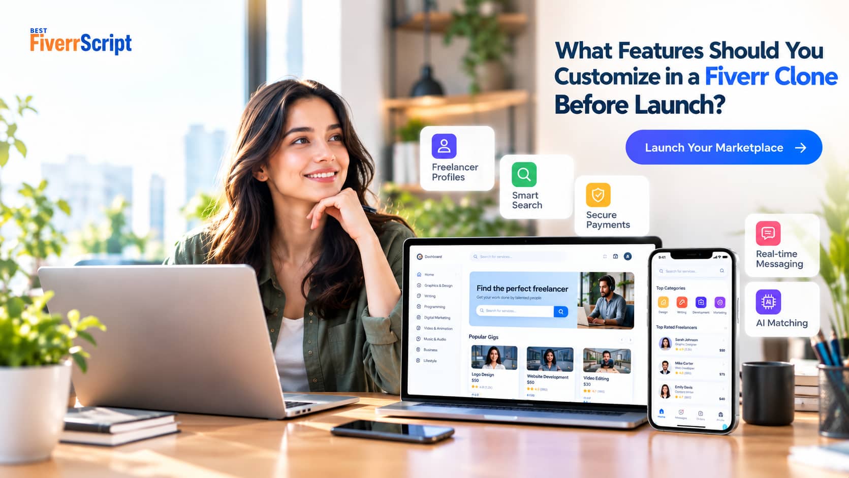 Fiverr clone customization features displayed on a modern freelance marketplace platform, including freelancer profiles, smart search, secure payments, real-time messaging, and AI matching.