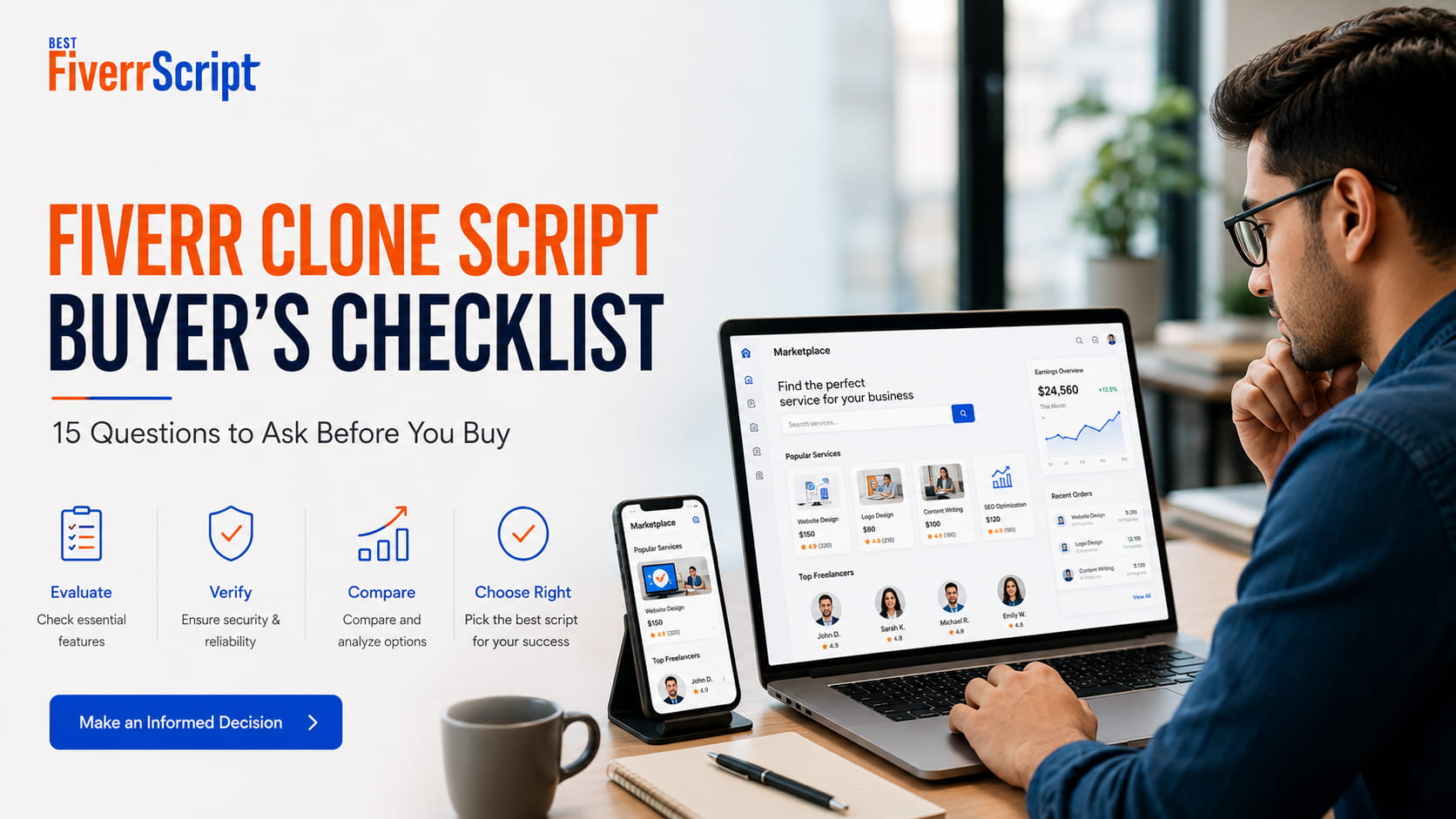 Fiverr Clone Script buyer’s checklist banner featuring a startup professional reviewing a freelance marketplace dashboard on a laptop and smartphone, with key buying considerations and a “Make an Informed Decision” CTA.
