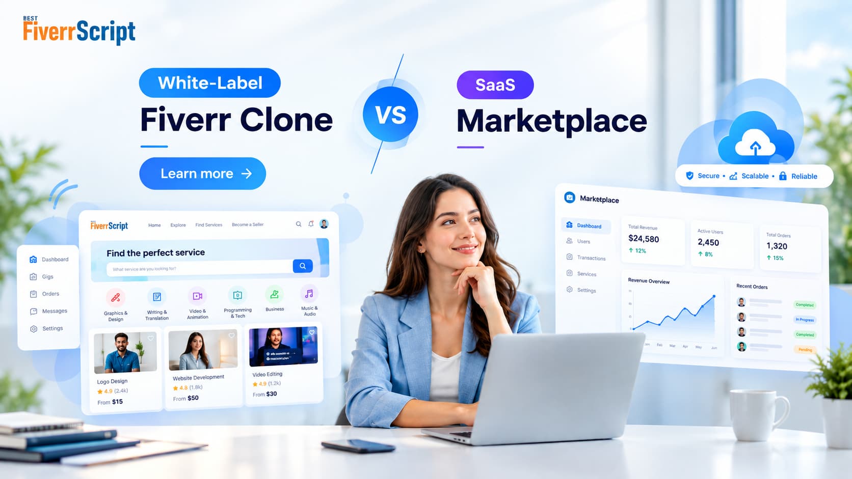 White-label Fiverr clone vs SaaS marketplace comparison featuring a professional woman and freelance marketplace dashboards.