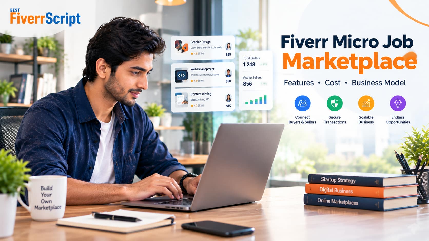 Fiverr micro job marketplace banner featuring a professional working on a laptop, with marketplace service listings, business growth analytics, and the headline “Fiverr Micro Job Marketplace: Features, Cost & Business Model.”